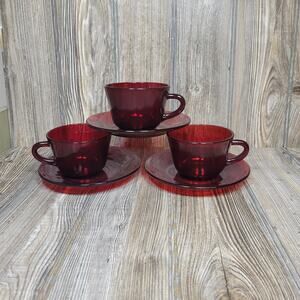 3 Sets Anchor Hocking Royal Ruby Red Cups & Saucers